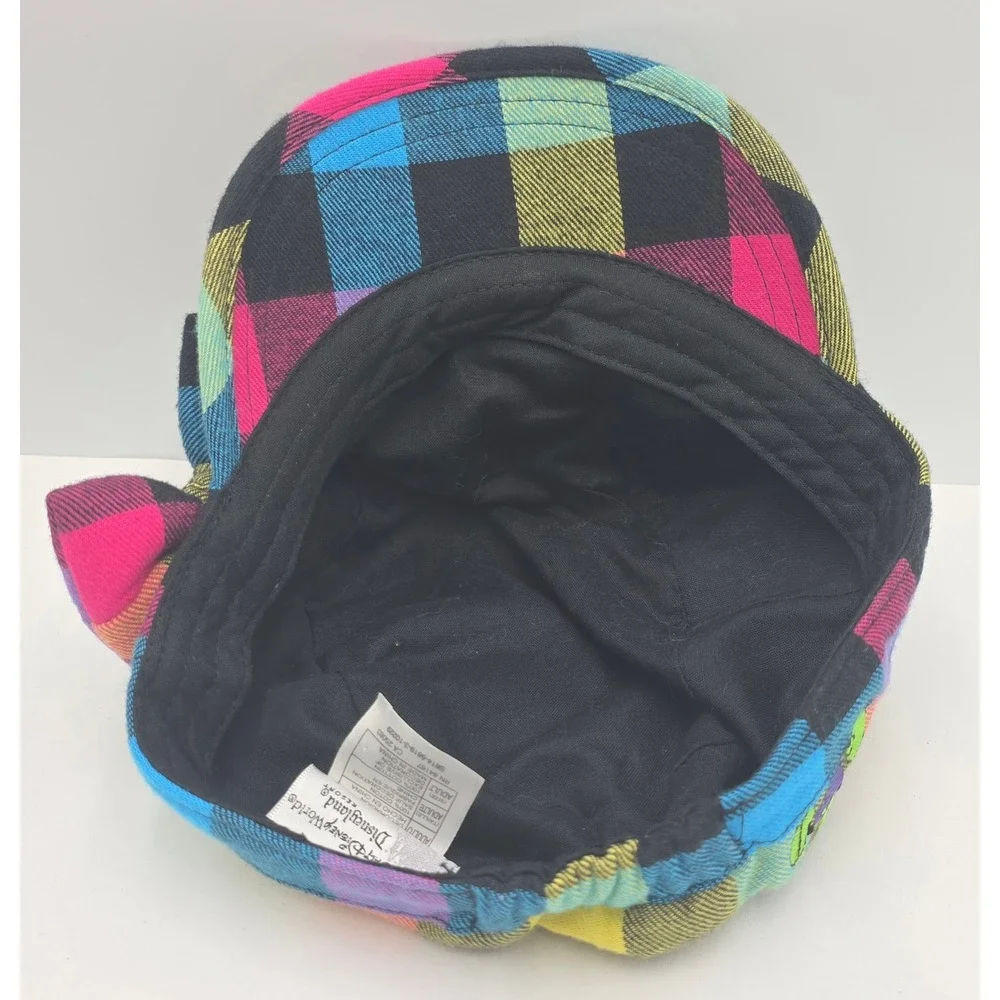 Disney Cadet Hat‎ Adult Size 7 Rainbow Patchwork Plaid Neon Mickey Mouse Bow Cap